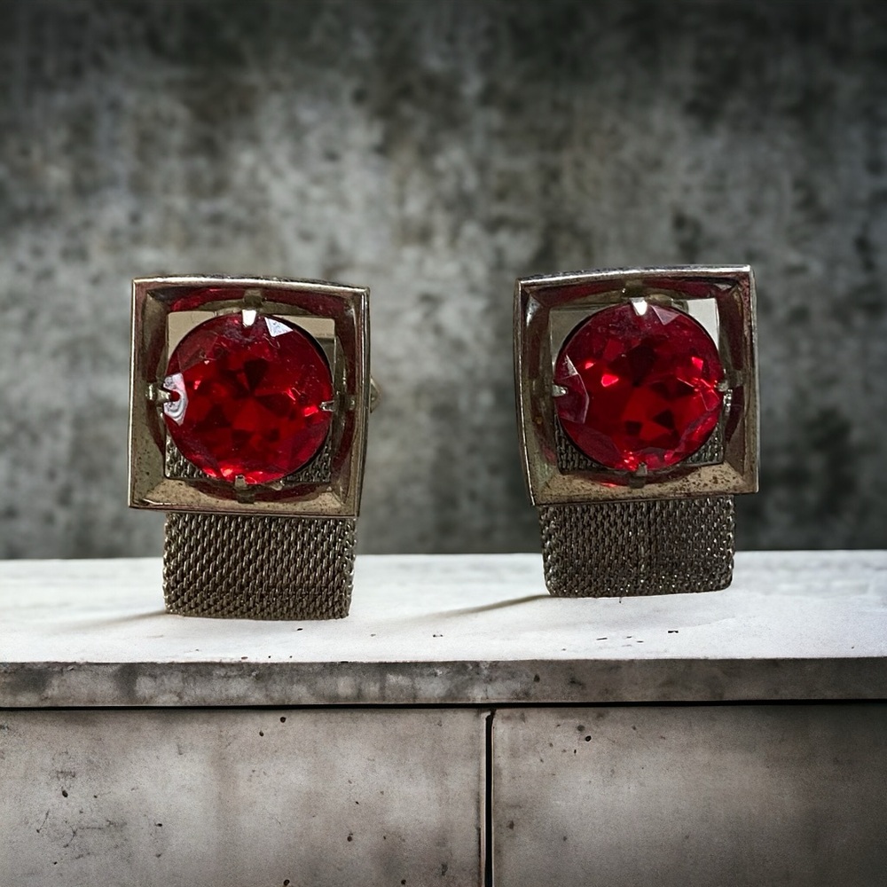 Silver And Red Cuff Links Vintage